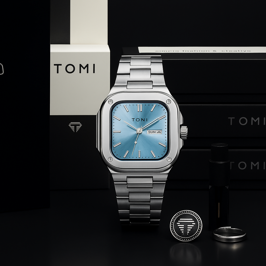 TOMI T-306 Square Dial Chain Watch for Men-Premium Business & Formal Analog Timepiece (Day & Date) - SILVER