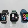Set-of-modern-smartwatches-with-silicone-straps-in-black-green-and-blue